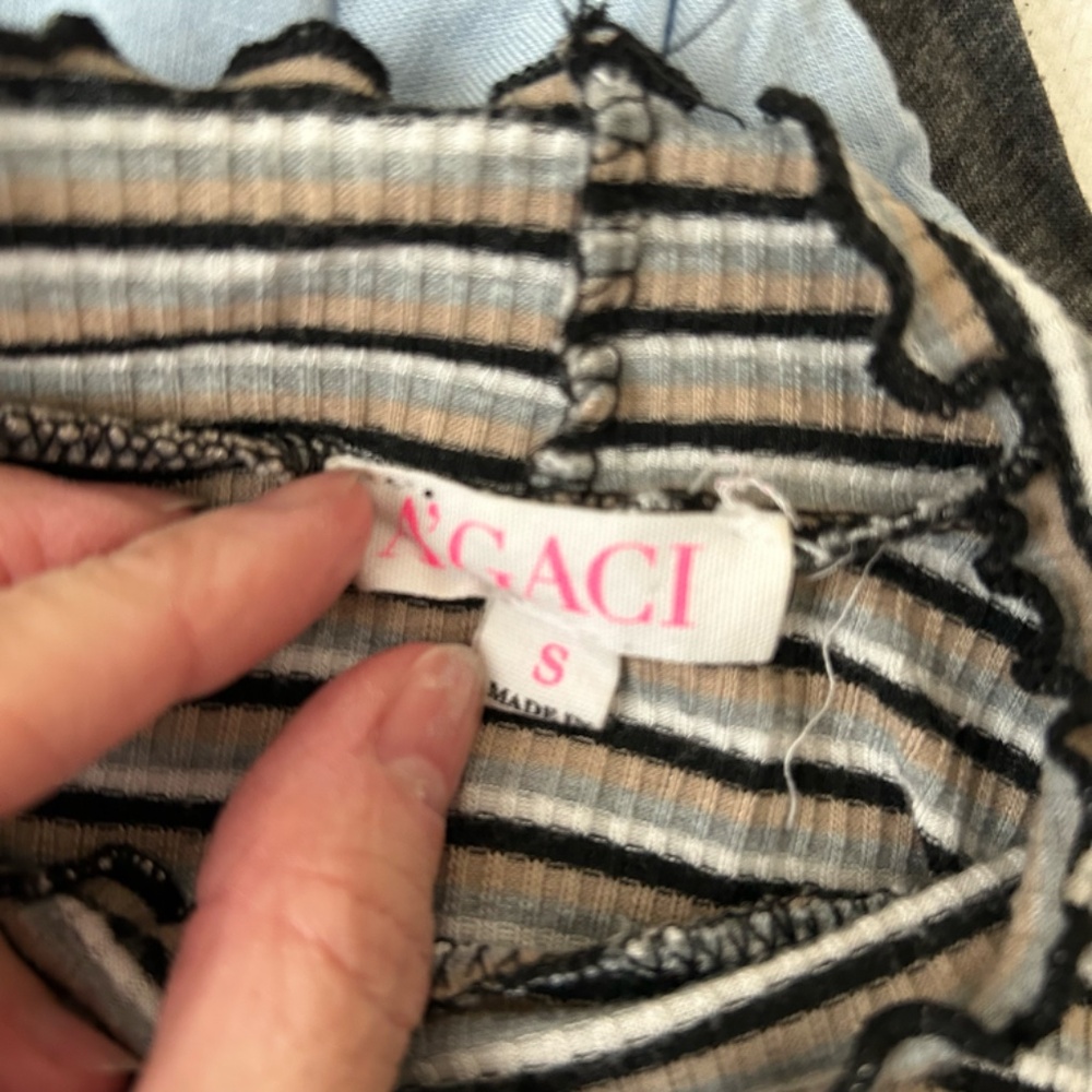 Crop Top Long Sleeve Stripe Tan Black Gray Cream Ruffle Edge by Agaci Size Small - Picture 11 of 12